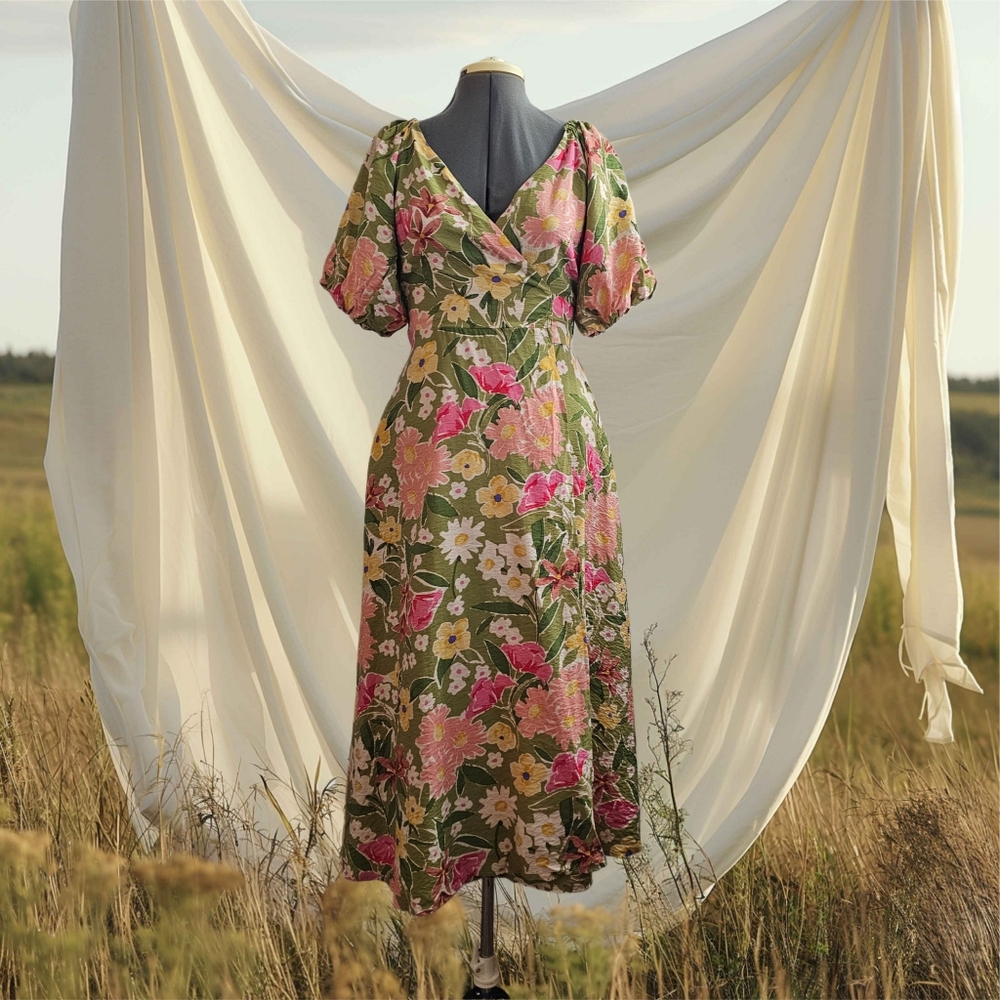bohme Green Floral High-Low Dress with Pink & Yellow Flowers